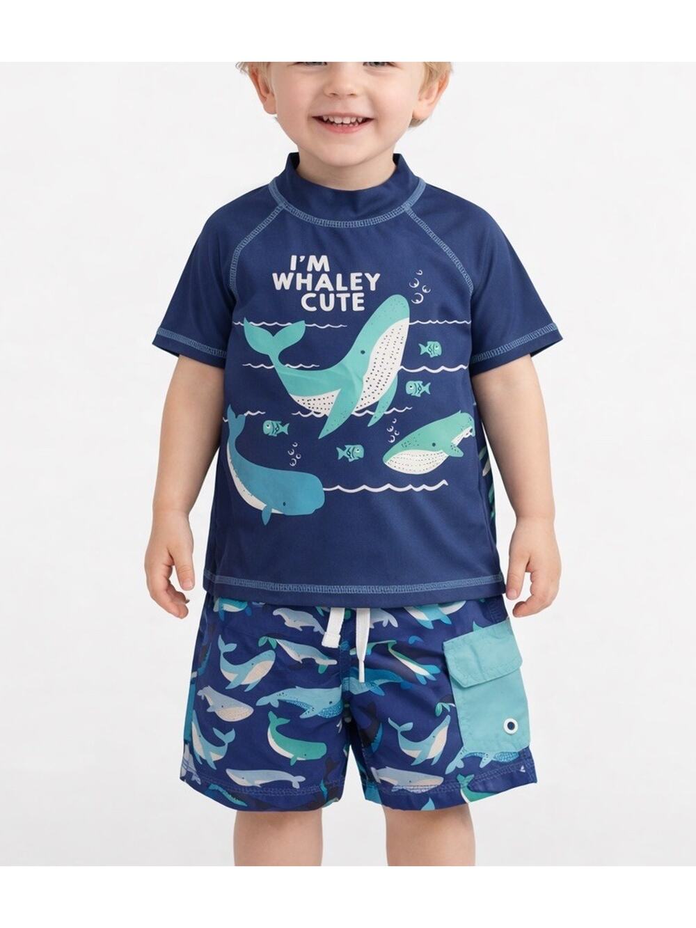 NWT Mick Mack Boys 2PC Rash Guard Swim Set Blue Whale UPF 50+ Size 3T